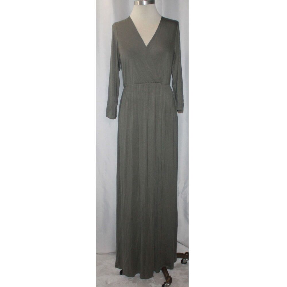 Motherbee Maternity Khaki Green 3/4 Sleeve V-Neck Stretch Maxi Dress Size XL